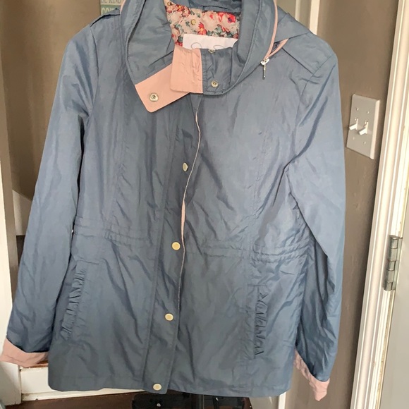 Baby blue and pink zip/button utility coat